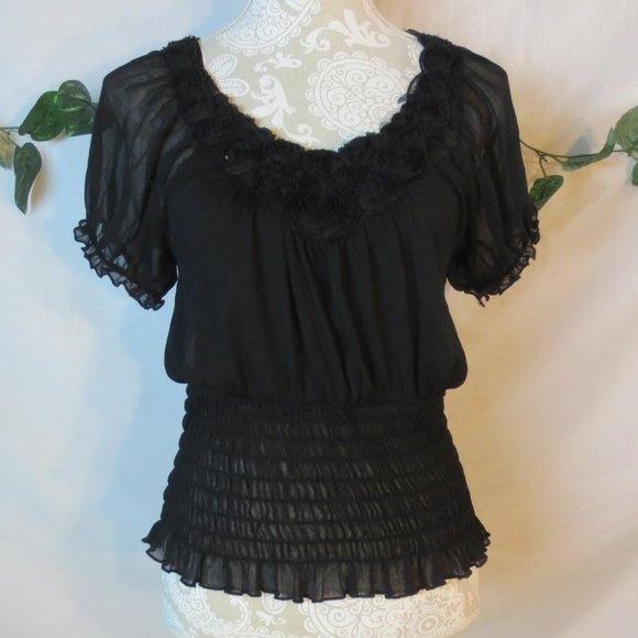XOXO Tops - XOXO Top Black Sheer Sequin Rose Embellished Flounced Sexy Shirred Waist Size M